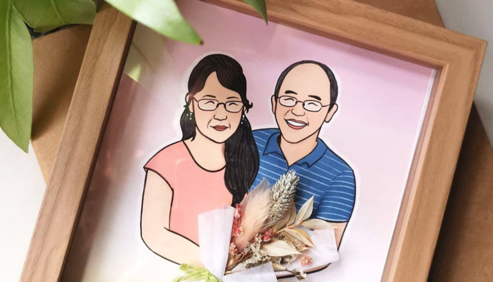 Hand-painted watercolour couple portrait with floral details